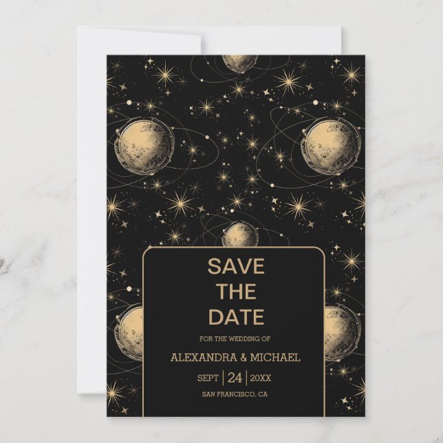 Mystical Black Gold Celestial Galaxy Wedding Save The Date (Front)
