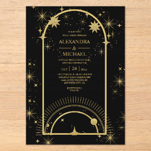 Mystical Black Gold Celestial Stars Wedding  Acrylic Invitations