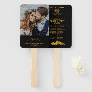 Mystical Black Gold Celestial Stars Wedding Hand Fan
