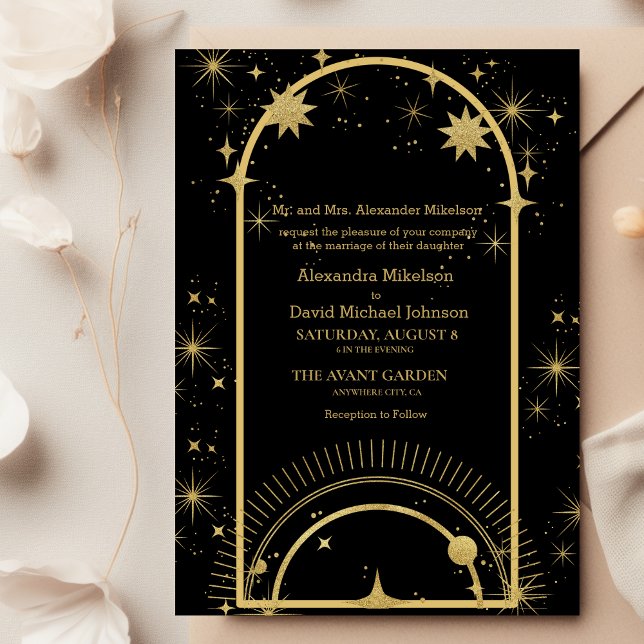 Mystical Black Gold Celestial Stars Wedding  Invitation (Creator Uploaded)