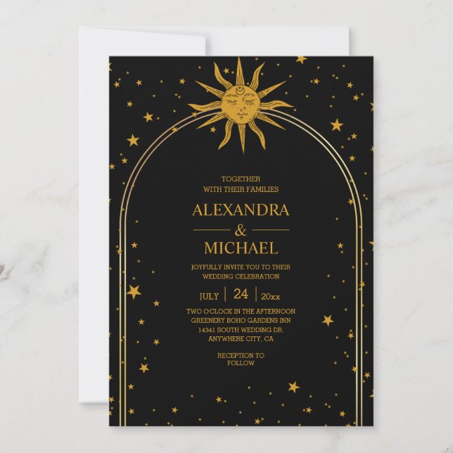 Mystical Black Gold Celestial Stars Wedding Invitation (Front)