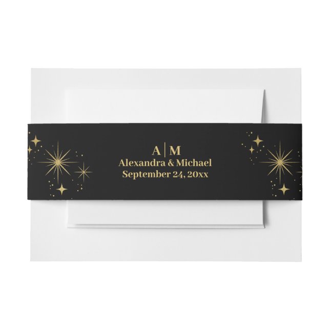 Mystical Black Gold Celestial Stars Wedding  Invitation Belly Band (Front Example)