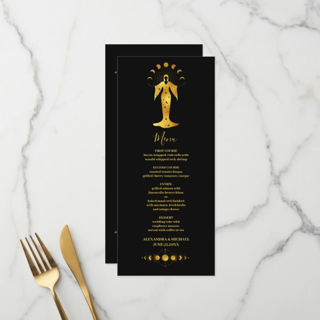 Mystical Black Gold Celestial Stars Wedding  Menu (Front/Back In Situ)