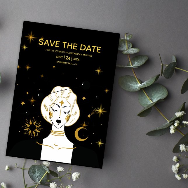 Mystical Black Gold Celestial Sun Wedding Save The Date (Creator Uploaded)
