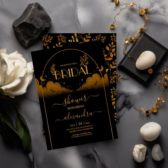 Mystical Black Gold Clouds Moon Bridal Invitation (Creator Uploaded)