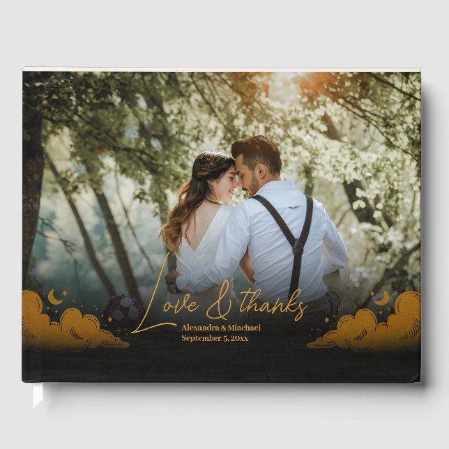 Mystical Black Gold Clouds Moon Wedding Guest Book (Front)