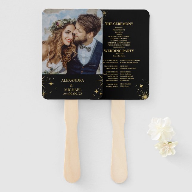 Mystical Black Gold Stars Wedding Details Hand Fan (Front and Back)