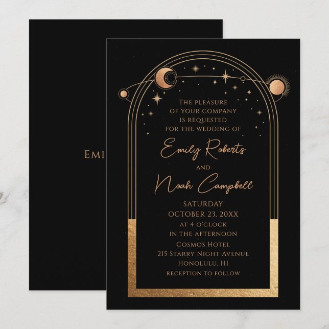 Mystical Black Gold Sun Moon Astronomy Wedding Invitation (Front/Back)