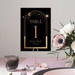 Mystical Black Gold Sun Moon Astronomy Wedding Table Number<br><div class="desc">Mystical Black Gold Sun Moon Astronomy Wedding Table Numbers features gold sun, moon and stars with a golden frame on a black background. Inside is your custom wedding invitation information. Personalize by editing the text in the text boxes. Designed for you by Evco Studio www.zazzle.com/store/evcostudio NOTE: Please customize with table...</div>