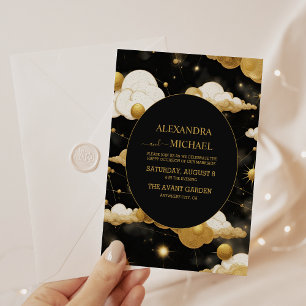 Mystical Black Gold Sun Moon Celestial Wedding Invitation
