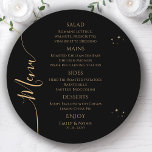 Mystical Black Gold Sun Moon Stars Space Wedding Menu<br><div class="desc">Mystical Black Gold Sun Moon Stars Space Wedding Menu Cards features simple gold stars on a black background with your menu details in the centre in modern gold calligraphy script. Personalize by editing the text in the text boxes provided. Designed by Evco Studio www.zazzle.com/store/evcostudio</div>