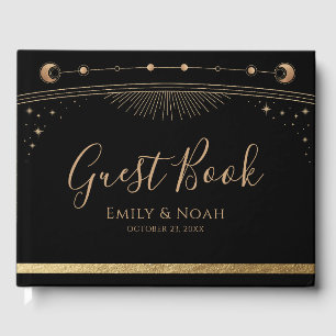 Mystical Black Gold Sun Moon Stars Wedding  Guest Book
