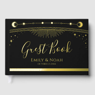 Mystical Black Gold Sun Moon Stars Wedding Guest Book