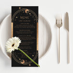 Mystical Black Gold Sun Moon Wedding Menu Cards<br><div class="desc">Mystical Black Gold Sun Moon Stars Wedding Menu Cards features a golden sun,  moon and stars on a black background with your menu details in the centre in modern gold calligraphy script. Personalize by editing the text in the text boxes provided. Designed for you by Evco Studio www.zazzle.com/store/evcostudio</div>