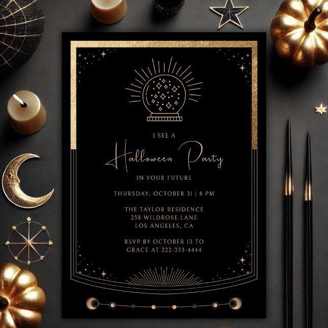 Mystical Black Gold Tarot Halloween Invitation (Mystical Black & Gold Tarot Card Halloween Party Invitation Template)