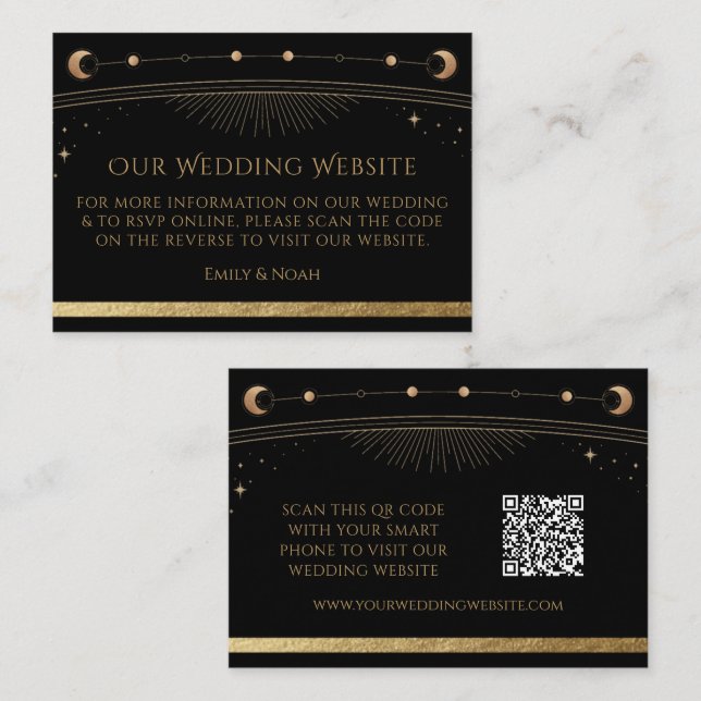 Mystical Black Gold Wedding Website RSVP QR Code Enclosure Card (Front/Back)