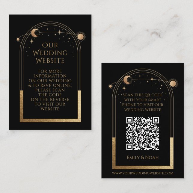 Mystical Black Gold Wedding Website RSVP QR Code Enclosure Card (Front/Back)