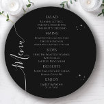 Mystical Black Silver Sun Moon Space Wedding Menu<br><div class="desc">Mystical Black Silver Sun Moon Stars Space Wedding Menu Cards features simple silver stars on a black background with your menu details in the centre in modern pink calligraphy script. Personalize by editing the text in the text boxes provided. Designed by ©2022 Evco Studio www.zazzle.com/store/evcostudio</div>