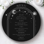 Mystical Black Silver Sun Moon Space Wedding Menu<br><div class="desc">Mystical Black Silver Sun Moon Stars Space Wedding Menu Cards features a silver sun,  moon and stars frame on a black background with your menu details in the centre in modern silver calligraphy script. Personalize by editing the text in the text boxes provided. Designed by Evco Studio www.zazzle.com/store/evcostudio</div>