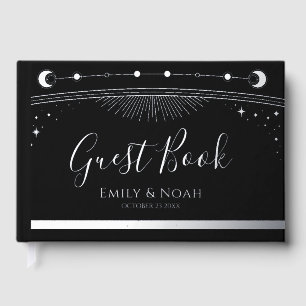 Mystical Black Silver Sun Moon Stars Wedding Guest Book