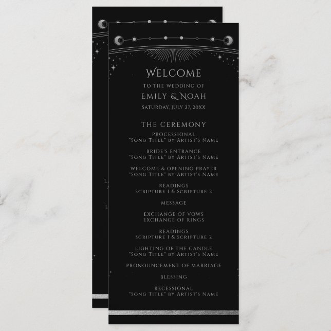 Mystical Black SIlver Sun Moon Stars Wedding Program (Front/Back)