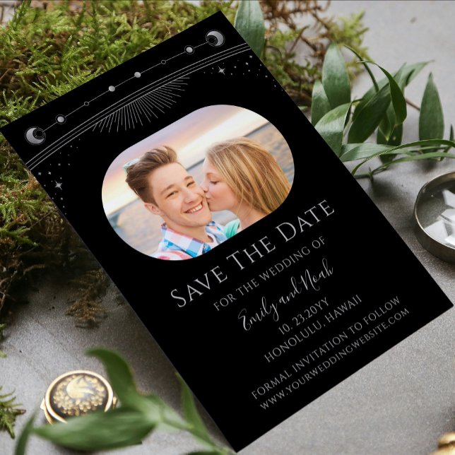 Mystical Black Silver Sun Moon Stars Wedding Save The Date (Creator Uploaded)