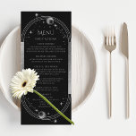 Mystical Black Silver Sun Moon Wedding Menu Cards<br><div class="desc">Mystical Black Silver Sun Moon Stars Wedding Menu Cards features a silver sun, moon and stars on a black background with your menu details in the centre in modern silver calligraphy script. Personalize by editing the text in the text boxes provided. Designed for you by Evco Studio © at www.zazzle.com/store/evcostudio...</div>