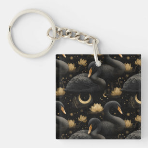 Mystical Black Swan and Golden Lotus Pattern Keychain