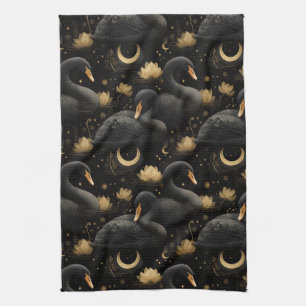 Mystical Black Swan and Golden Lotus Pattern Kitchen Towel