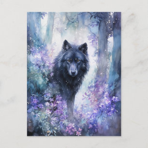 Mystical Black Wolf in Purple Watercolor Forest Postcard