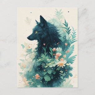 Mystical Black Wolf in Teal Botanical Garden Postcard
