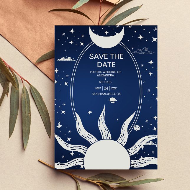  Mystical Blue and Silver Sun Moon Wedding Save The Date (Creator Uploaded)