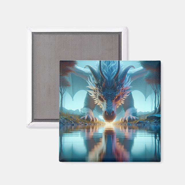 Mystical Blue Dragon Looking at Reflection in Wate Magnet (Front/Back)