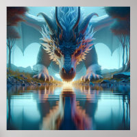 Mystical Blue Dragon Looking at Reflection in Wate