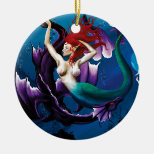 Mystical Blue Fantasy Mermaid Purple Water Dragon Ceramic Ornament