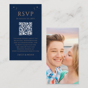 Mystical Blue Gold Budget QR Code RSVP Photo Enclosure Card