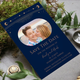 Mystical Blue Gold Celestial Wedding Photo Save The Date