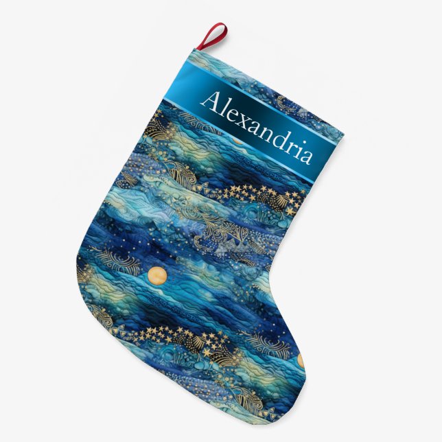 Mystical Blue Gold Christmas Name Large Christmas Stocking (Front (Hanging))