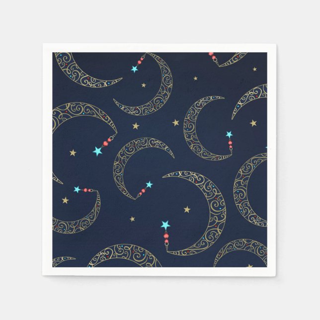 Mystical Blue Gold Filigree Moon Celestial Party Napkin (Front)