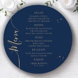 Mystical Blue Gold Sun Moon Stars Space Wedding Menu<br><div class="desc">Mystical Blue Gold Sun Moon Stars Space Wedding Menu Cards features simple gold stars on a blue background with your menu details in the centre in modern gold calligraphy script. Personalize by editing the text in the text boxes provided. Designed for you by Evco Studio © at www.zazzle.com/store/evcostudio</div>