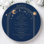 Mystical Blue Gold Sun Moon Stars Space Wedding Menu<br><div class="desc">Mystical Blue Gold Sun Moon Stars Space Wedding Menu Cards features a gold sun, moon and stars frame on a blue background with your menu details in the centre in modern gold calligraphy script. Personalize by editing the text in the text boxes provided. Designed for you by Evco Studio ©...</div>