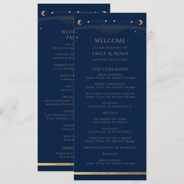 Mystical Blue Gold Sun Star Moon Astronomy Wedding Program (Front/Back)