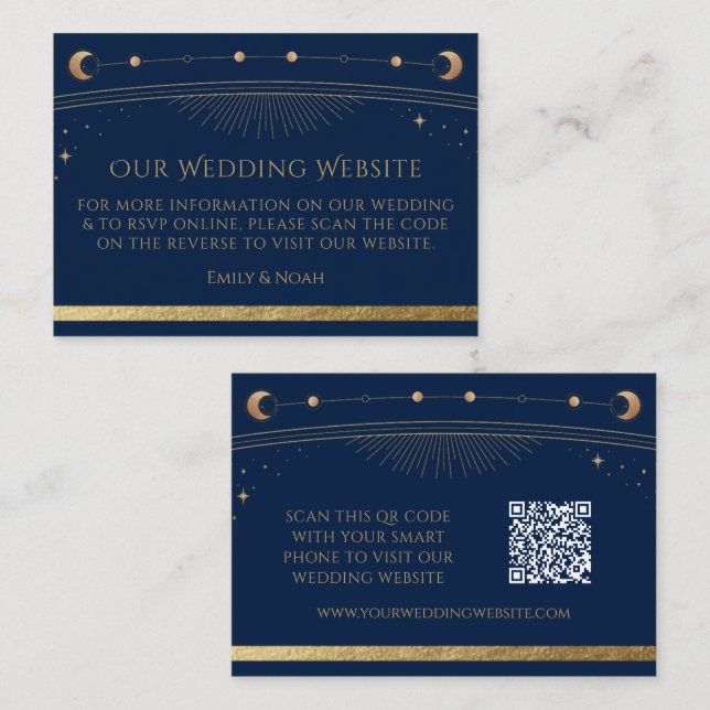 Mystical Blue Gold Wedding Website RSVP QR Code Enclosure Card (Front/Back)