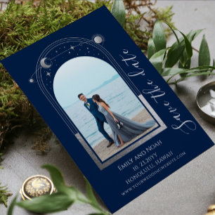 Mystical Blue Silver Celestial Wedding Save The Date
