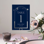 Mystical Blue Silver Sun Moon Astronomy Wedding Table Number<br><div class="desc">Mystical Blue Silver Sun Moon Astronomy Wedding Table Numbers features gold sun, moon and stars with a silver frame on a black background. Inside is your custom wedding invitation information. Personalize by editing the text in the text boxes. NOTE: Please customize with table numbers one by one and add to...</div>