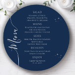 Mystical Blue Silver Sun Moon Stars Space Wedding Menu<br><div class="desc">Mystical Blue Silver Sun Moon Stars Space Wedding Menu Cards features simple silver stars on a blue background with your menu details in the centre in modern silver calligraphy script. Personalize by editing the text in the text boxes provided. Designed for you by ©Evco Studio at www.zazzle.com/store/evcostudio</div>