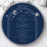 Mystical Blue Silver Sun Moon Stars Space Wedding Menu<br><div class="desc">Mystical Blue Silver Sun Moon Stars Space Wedding Menu Cards features a silver sun, moon and stars frame on a blue background with your menu details in the centre in modern silver calligraphy script. Personalize by editing the text in the text boxes provided. Designed for you by Evco Studio ©...</div>