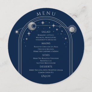 Mystical Blue Silver Sun Moon Stars Space Wedding Menu