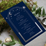 Mystical Blue Silver Sun Moon Stars Wedding Menu<br><div class="desc">Mystical Blue Silver Sun Moon Stars Astronomy Galaxy Celestial Cosmic Space Wedding Menu Cards features a silver sun, moon and stars frame on a blue background with your menu details in the centre in modern silver calligraphy script. Personalize by editing the text in the text boxes provided. Designed for you...</div>