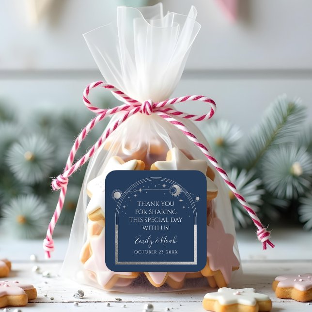 Mystical Blue Silver Sun Moon Stars Wedding Square Sticker (Creator Uploaded)